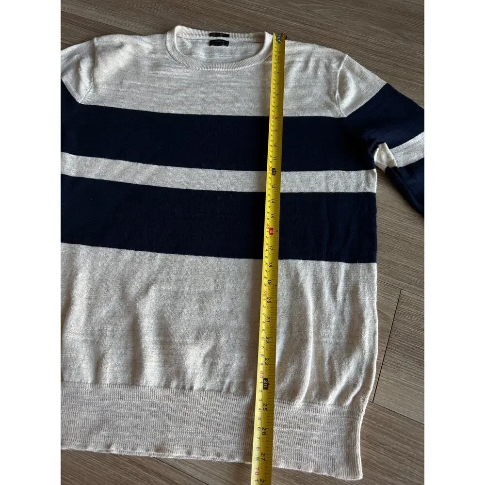 J.Crew Men L Slim Cream Navy Blue Striped 100% Cotton Crewneck Sweater